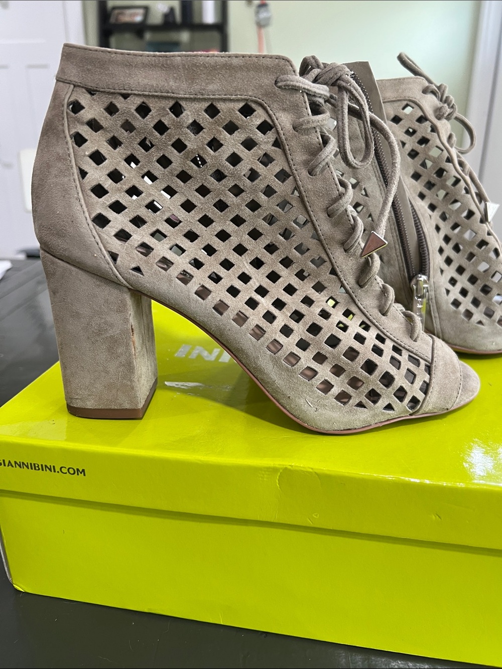 Gianni Bini Taupe Suede Lattice Peep-Toe Lace-Up Booties